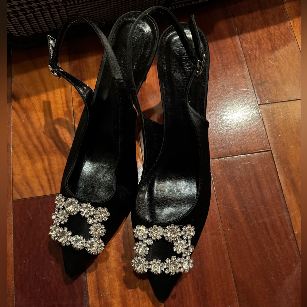 Rhinestone embellished black satin sling back heels size 42